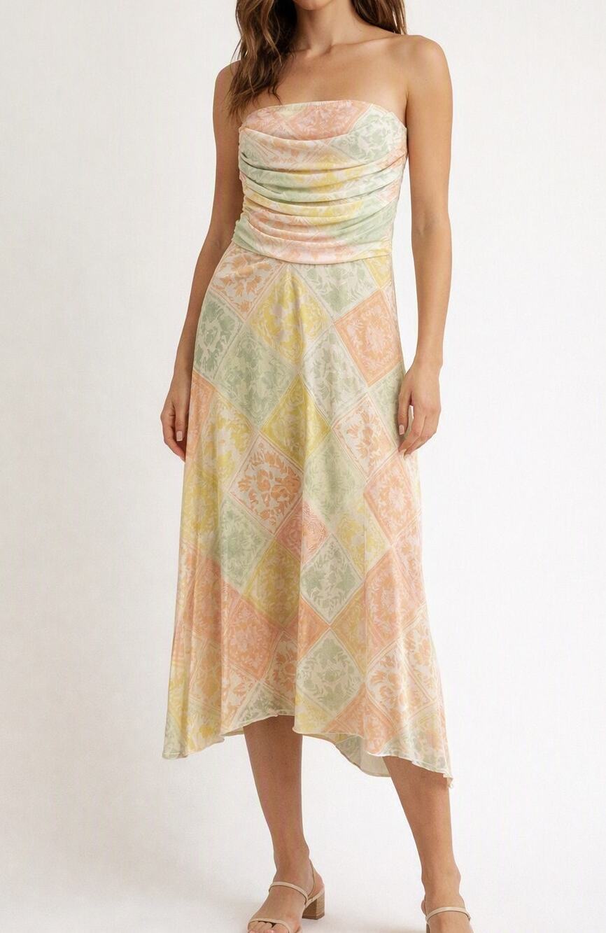 See you Monday Strapless Patchwork Asymmetrical Hem Midi Dress Green Yellow